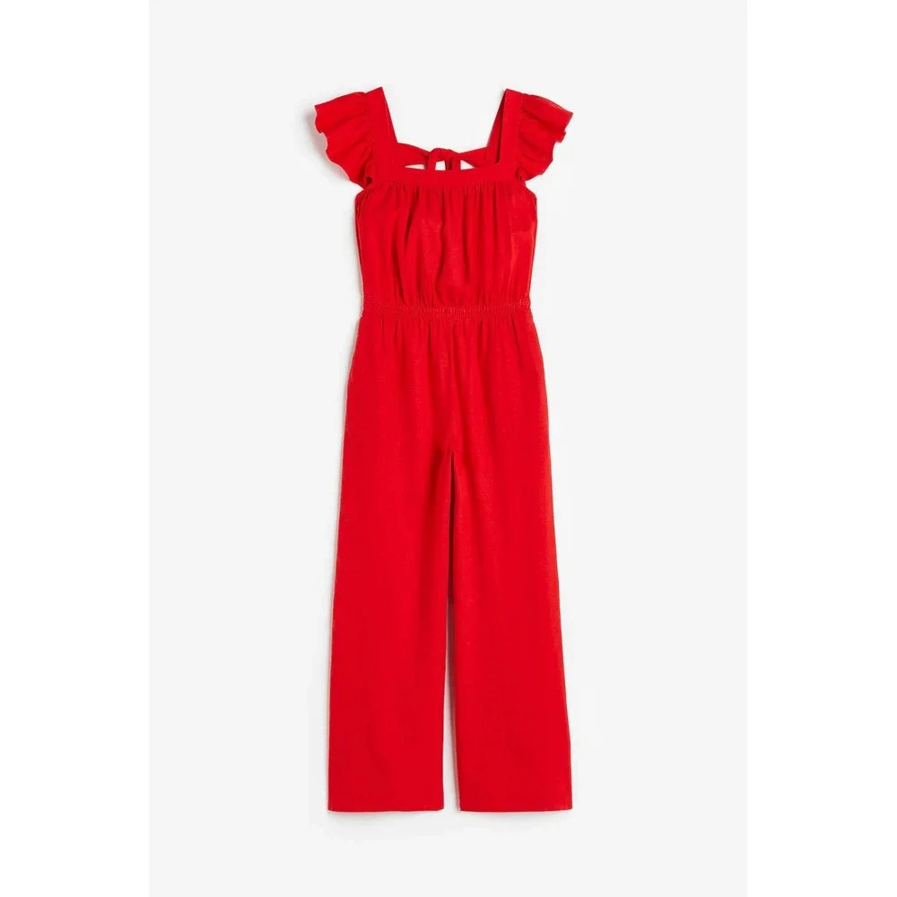 H&M Linen Blend Jumpsuit Vibrant Red Size‎ Large Flutter Ruffle Short Sleeves